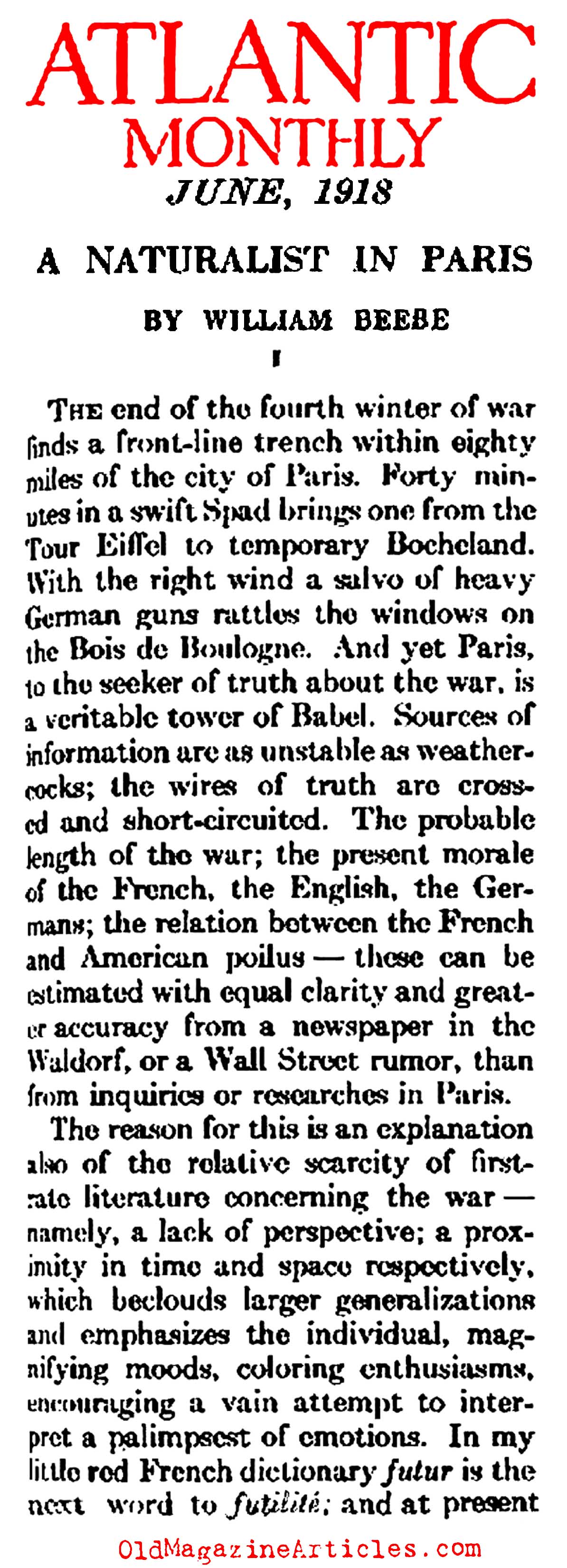 The Atmosphere of W.W. I Paris   (Atlantic Monthly, 1918) 